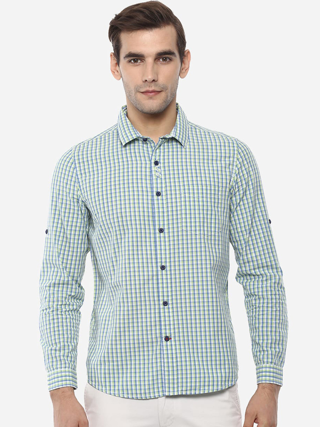 

Red Chief Men Green & Blue Regular Fit Checked Casual Shirt