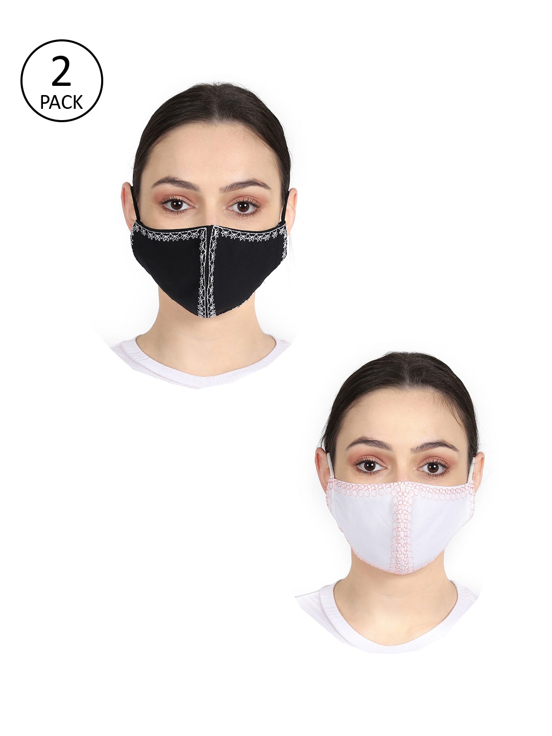 

Anekaant Unisex Pack Of 2 Embroidered 3-Ply Reusable Cloth Masks, Black