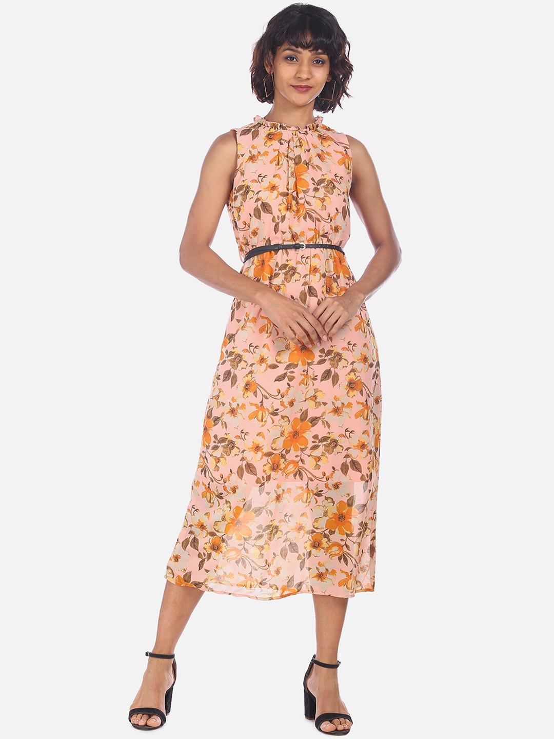 

Cherokee Women Peach-Coloured & Yellow Floral Printed Fit and Flare Dress
