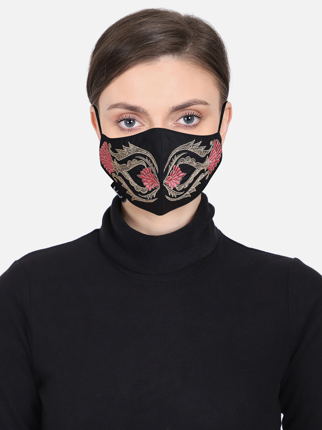 

Anekaant Women Black & Pink Floral Embroidered 3-Ply Reusable Cloth Mask