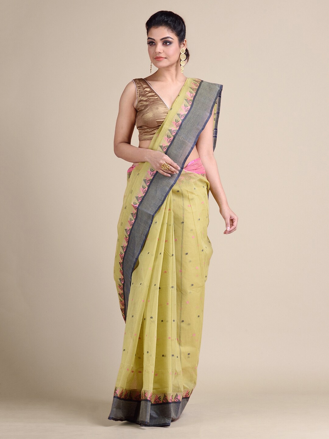 

Mitera Olive Green Pure Cotton Woven Design Taant Saree