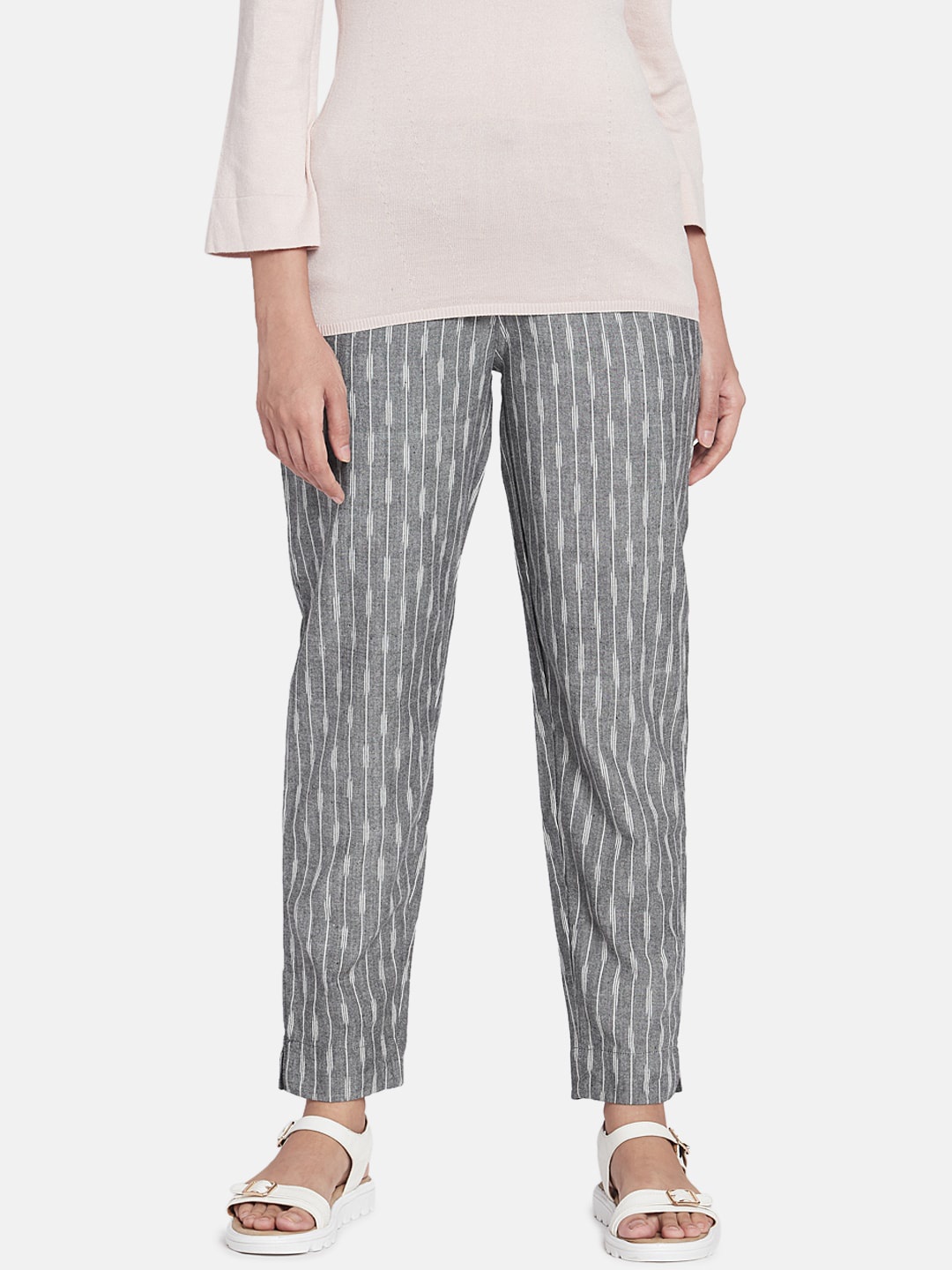 

Go Colors Women Charcoal Grey Straight Fit Striped Regular Trousers