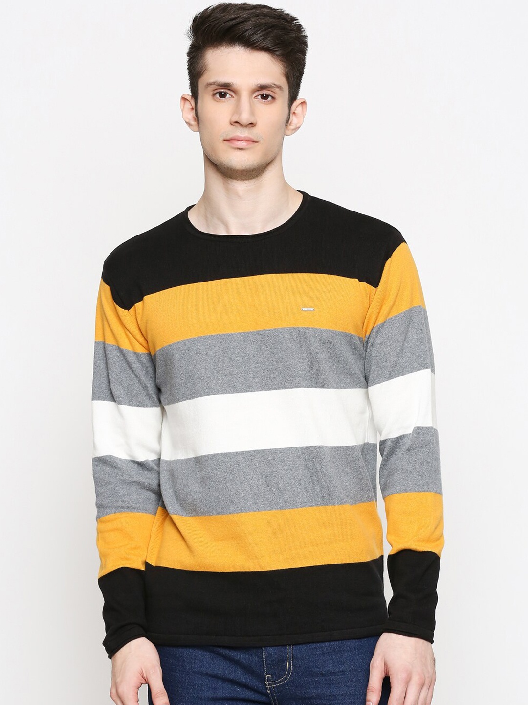People Men Black & Yellow Striped Pullover Sweater