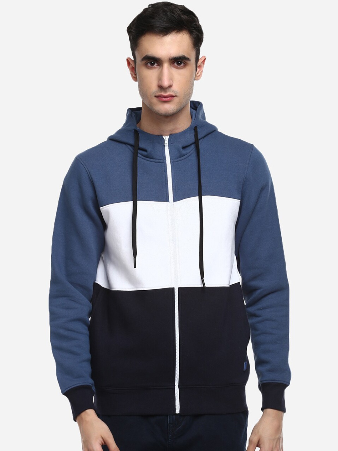 

Red Chief Men Blue & White Colourblocked Hooded Sweatshirt