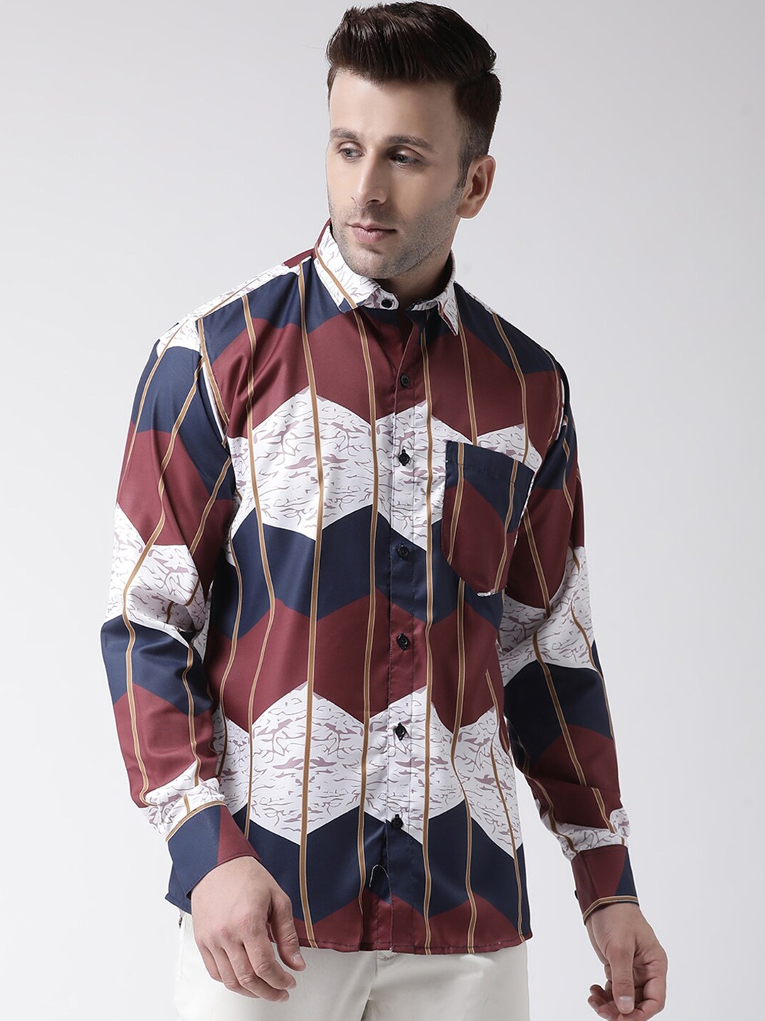 hangup trend Men White & Brown Slim Fit Printed Casual Shirt