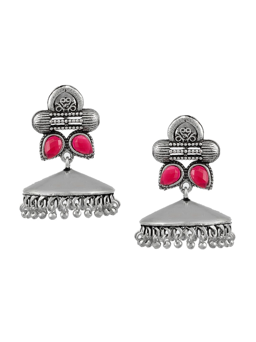 

Silvermerc Designs Silver-Toned & Pink Contemporary Jhumkas