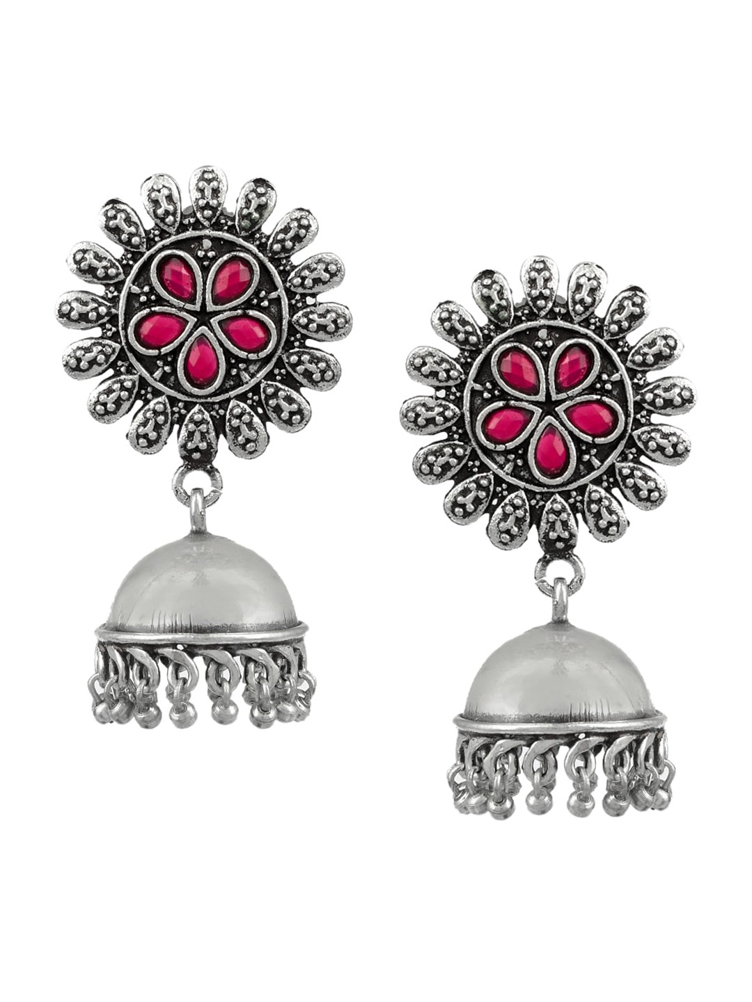 

Silvermerc Designs Silver-Plated & Pink Contemporary Jhumkas