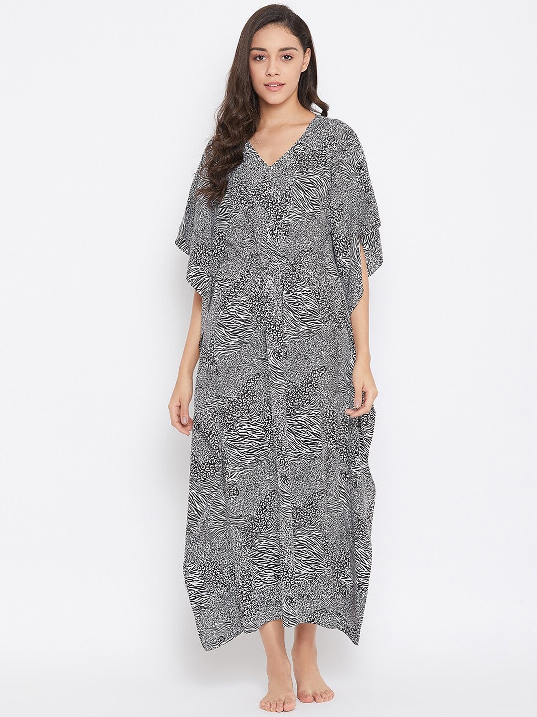 

Uptownie Lite Women Black & White Printed Maxi Kaftan Nightdress