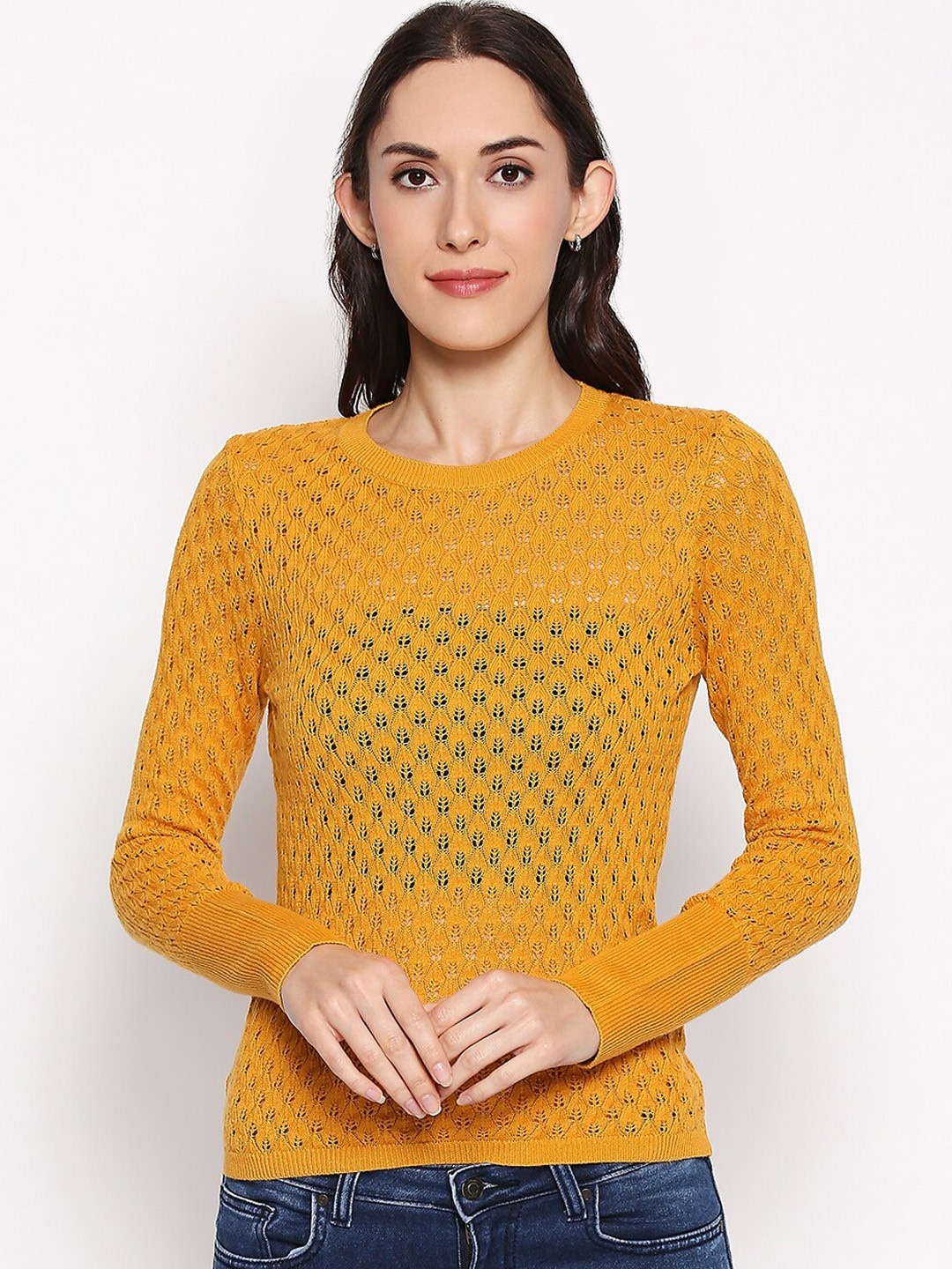 

People Women Yellow Self Design Fitted Top