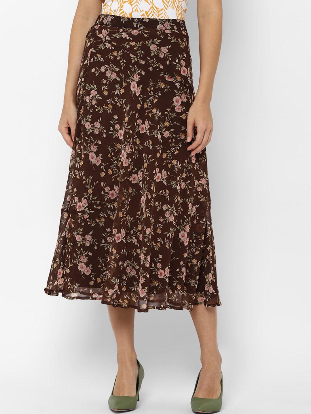 

AMERICAN EAGLE OUTFITTERS Women Brown & Pink Floral-Printed Midi A-Line Skirt