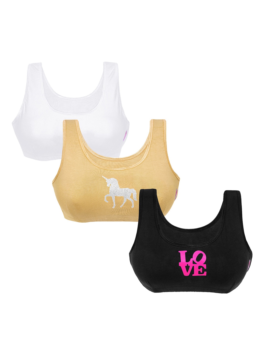 DChica Girls Pack Of 3 Non-Wired Non-Padded Beginner Sports Bras DCBRJN6487, Nude