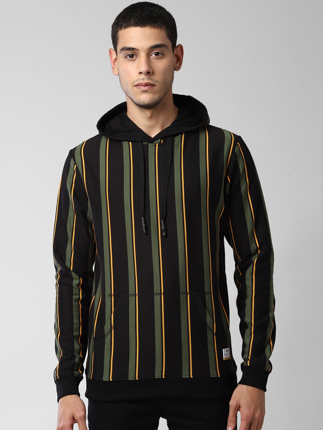 

Peter England Casuals Men Black & Green Striped Hooded Sweatshirt