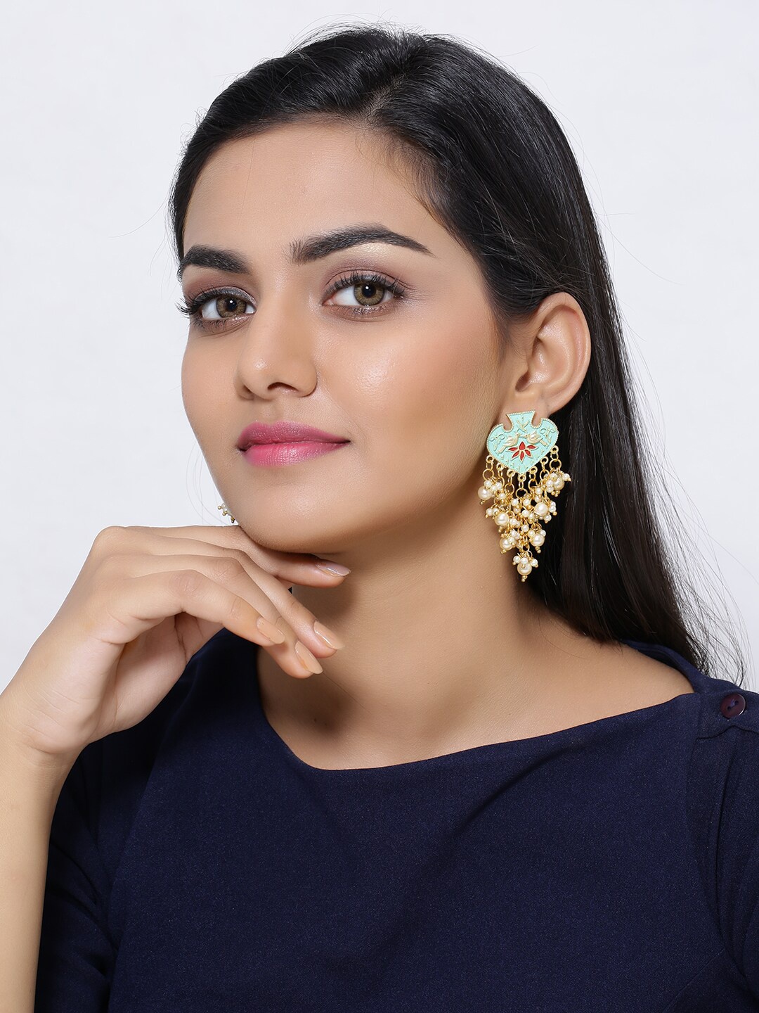 

Silvermerc Designs Green Gold-Plated Leaf Shaped Meenakari Drop Earrings