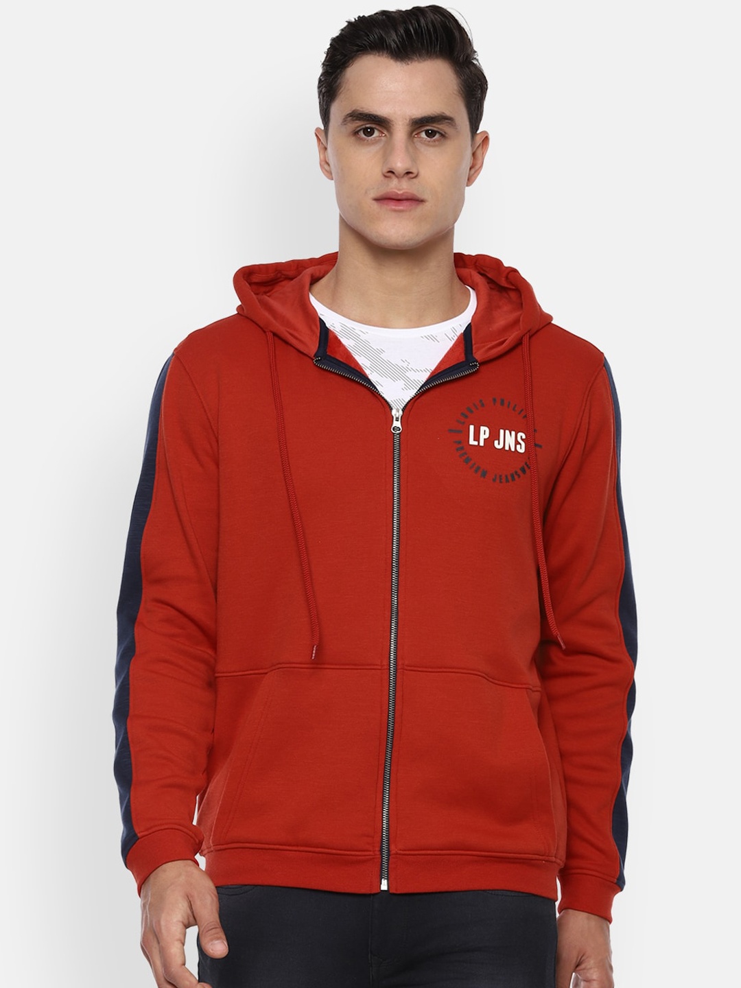 Louis Philippe Jeans Men Rust Red Solid Hooded Sweatshirt