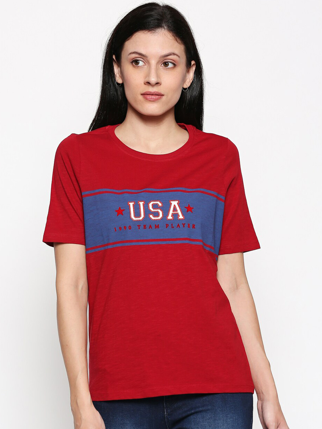 

People Women Red Printed Cotton Round Neck Pure Cotton T-shirt