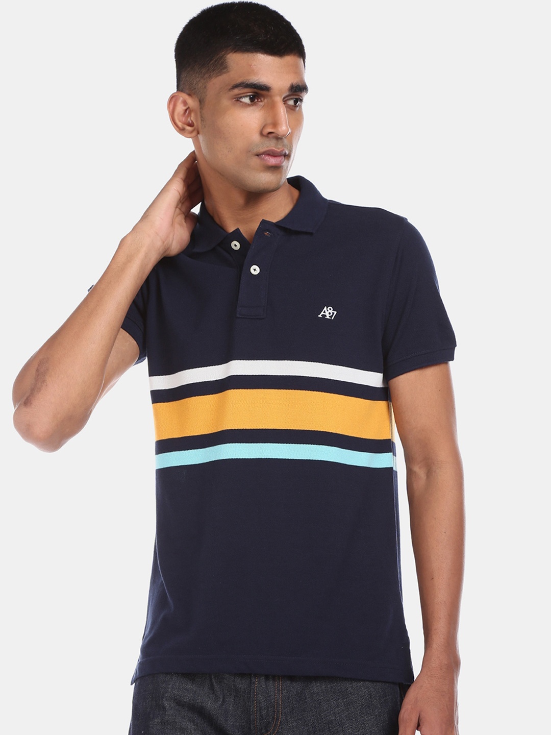 

Aeropostale Men Blue Striped Polo Collar T-shirt