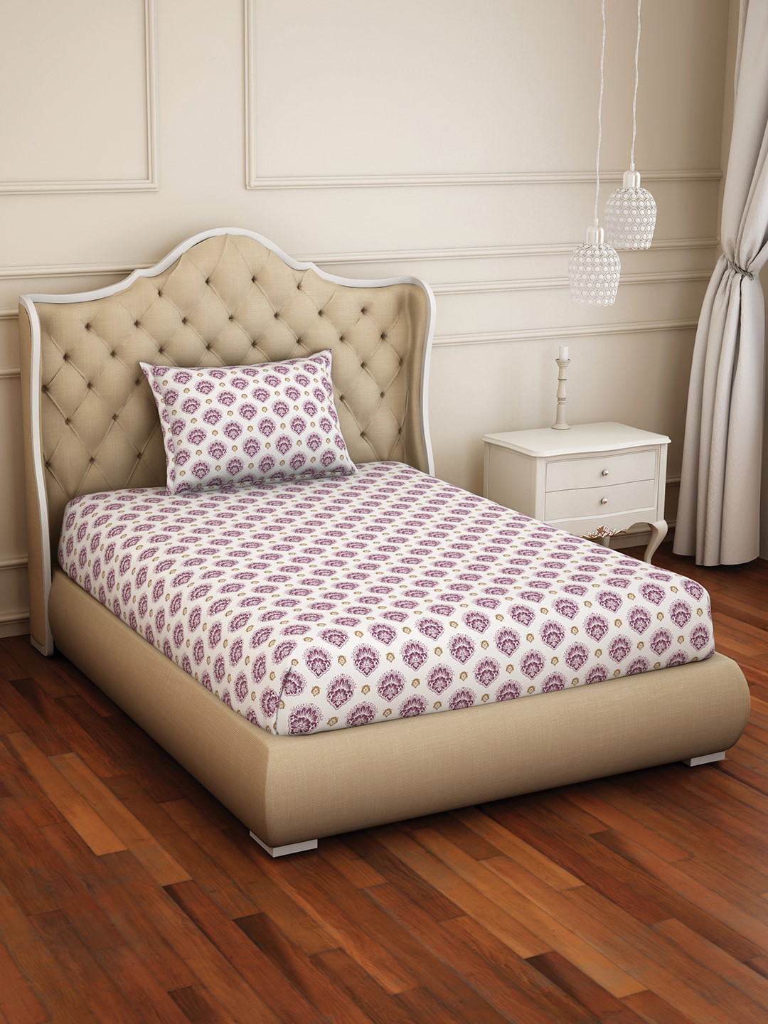 

Welspun White & Purple Printed 150 TC Reversible Single Bedsheet With Pillow Cover