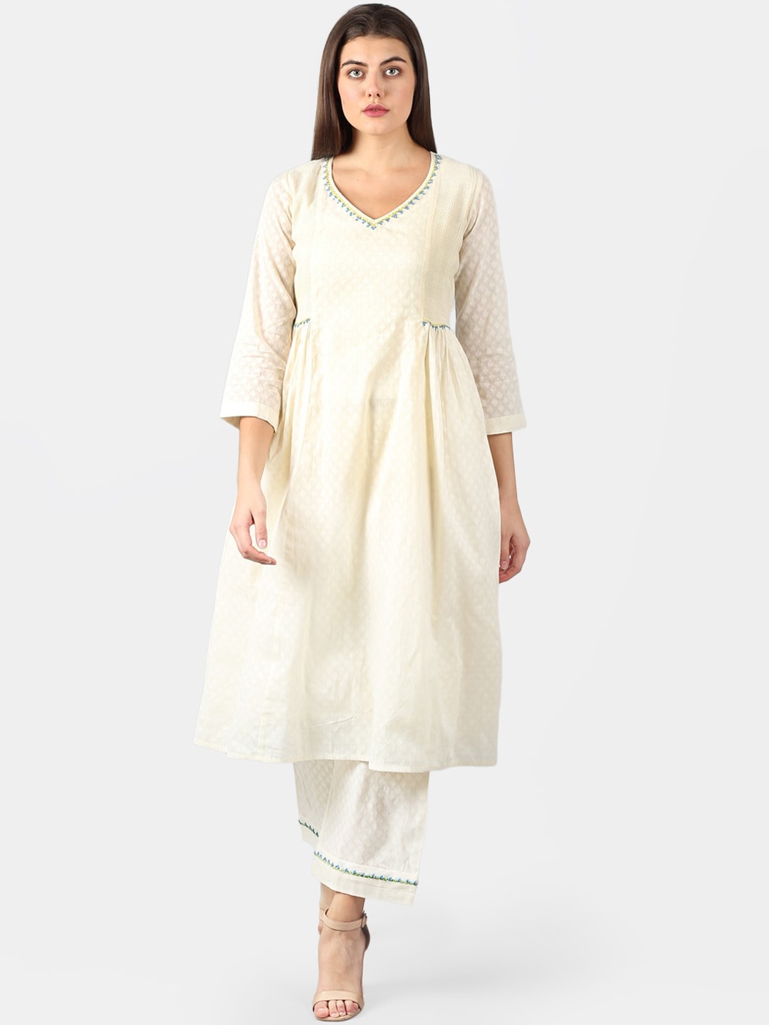 

DART STUDIO Women Off-White Woven Design A-Line Sustainable Kurta