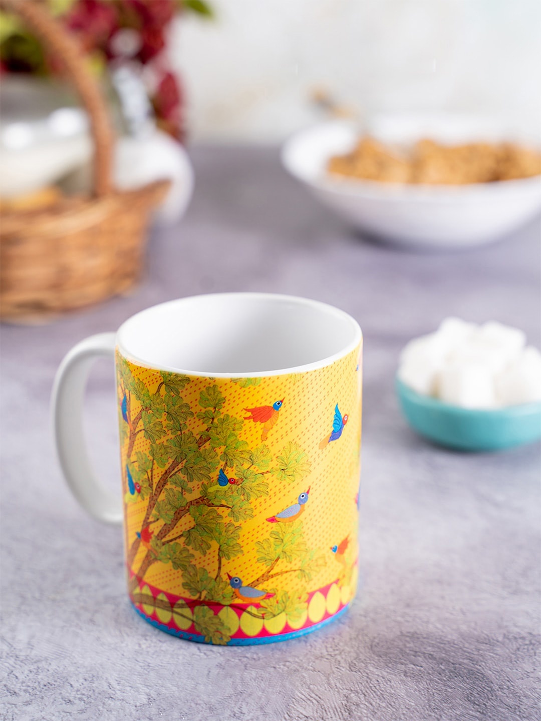 

KOLOROBIA Yellow & Blue Printed Ceramic Gond Art Inspired Classic Mug
