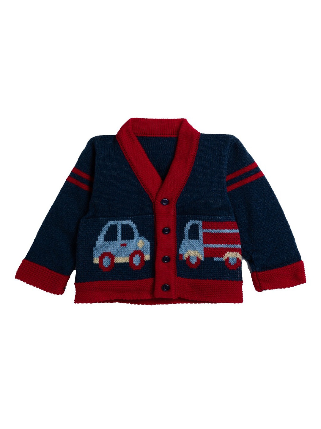 

Little Angels Infant Kids Navy Blue & Red Self Design Cardigan Sweater Set