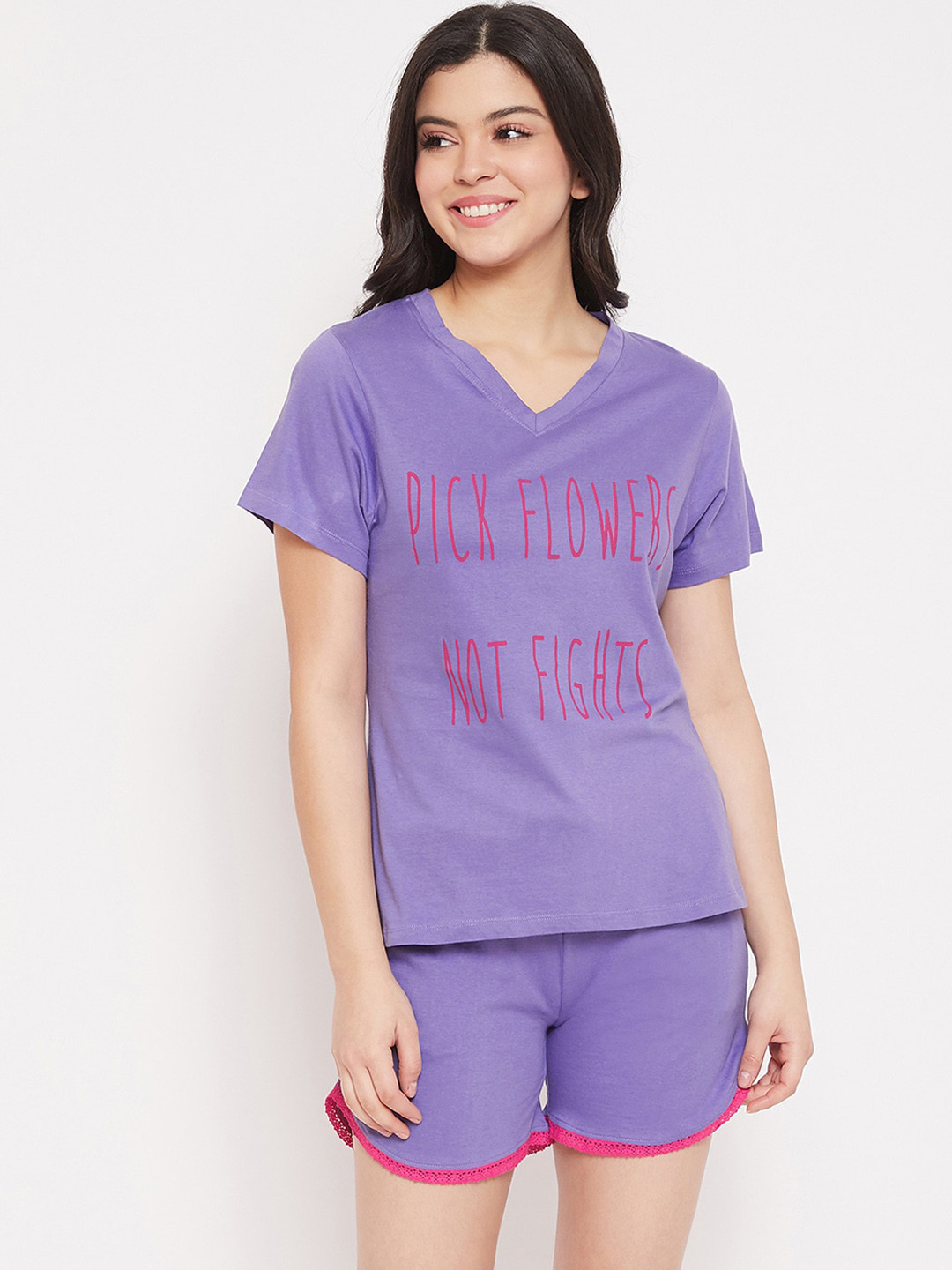 

Clovia Women Purple & Pink Printed Night Suit