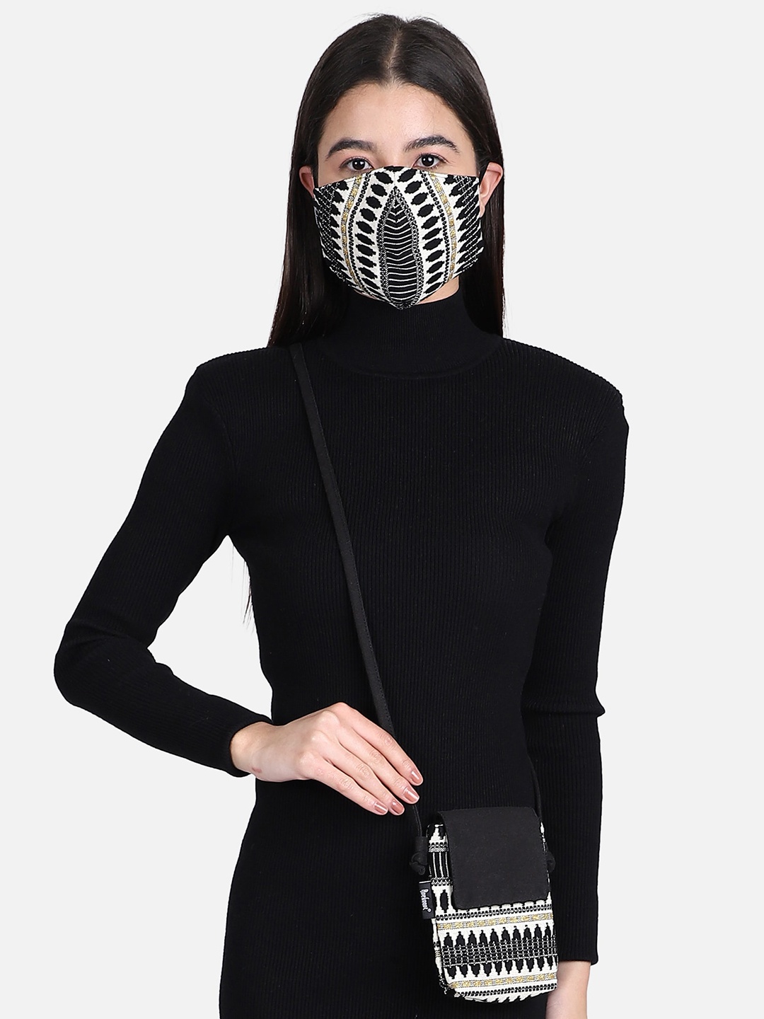 

Anekaant Black & White Jacquard Reusable 3-Ply Fabric Fashion Mask With Mobile Sling