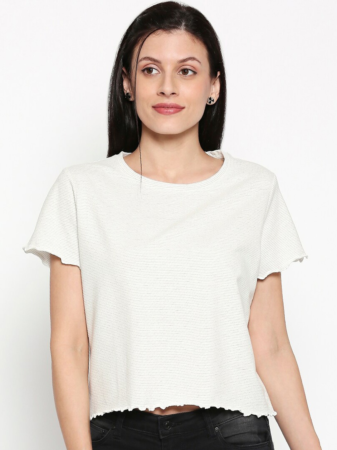 

People Women White Striped Cotton Crop Top