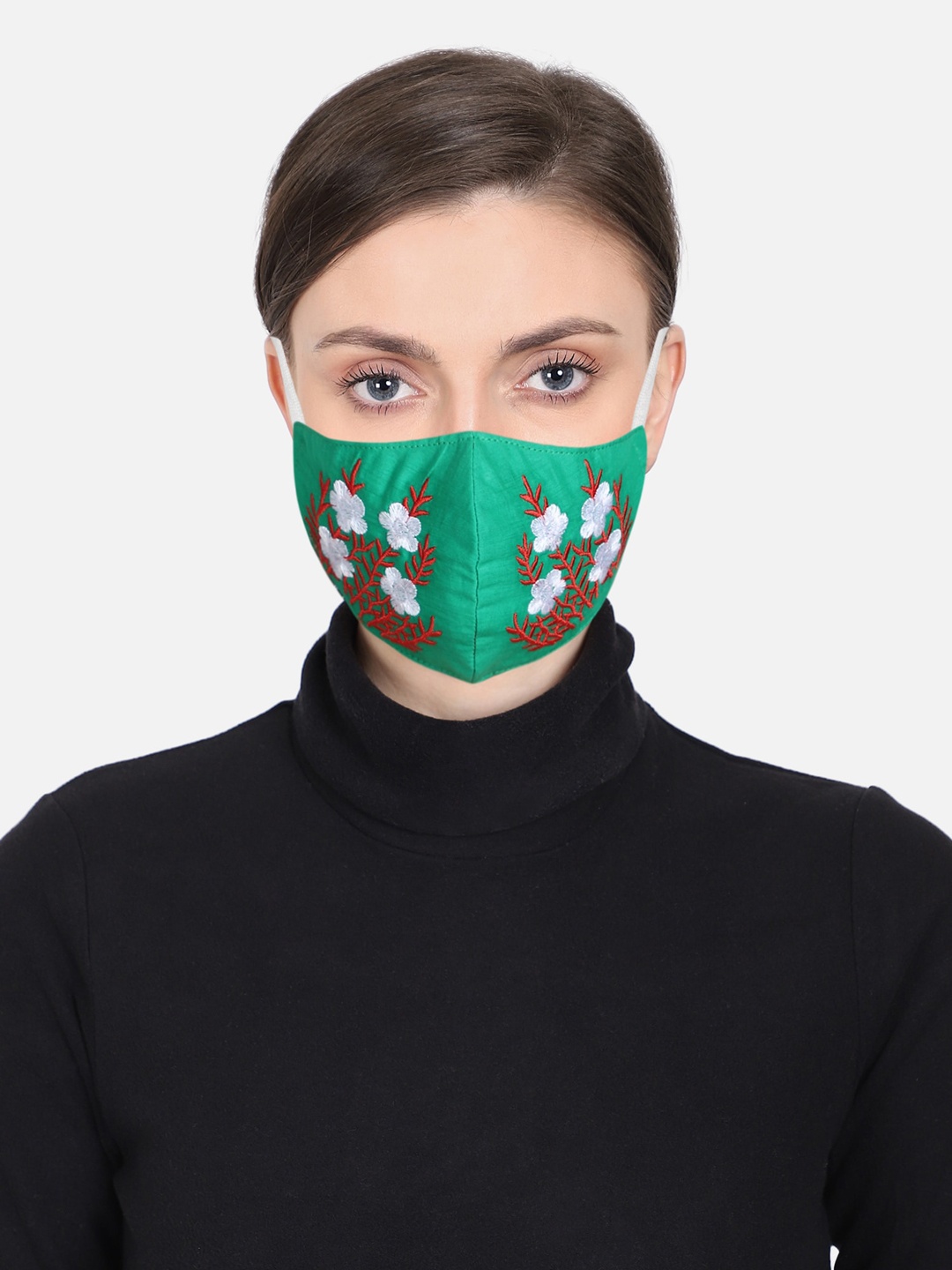 Anekaant Women Green & White Embroidered 3-Ply Reusable Cloth Masks