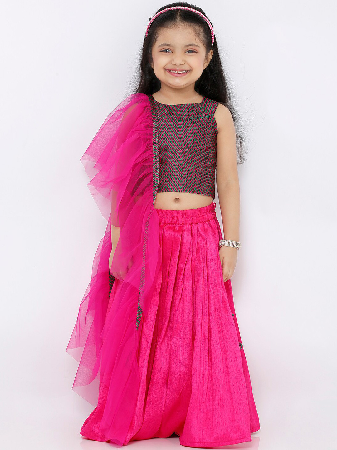 

SALWAR STUDIO Girls Pink & Green Woven Design Ready-To-Wear Lehenga Choli With Dupatta