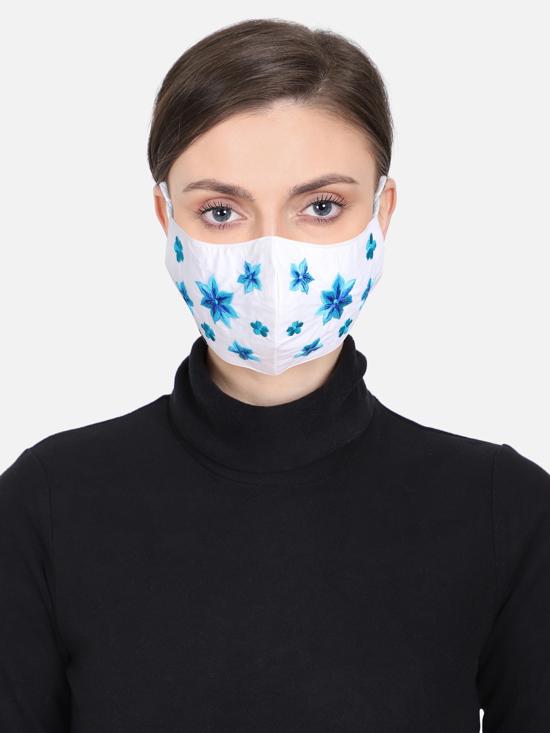 

Anekaant Women White & Blue Embroidered 3-Ply Reusable Outdoor Face Mask