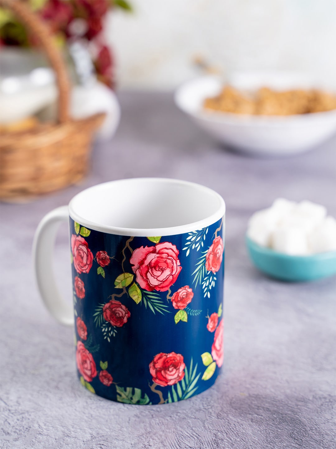 

KOLOROBIA Navy Blue & Red Misty Morning Roses Printed Ceramic Mug