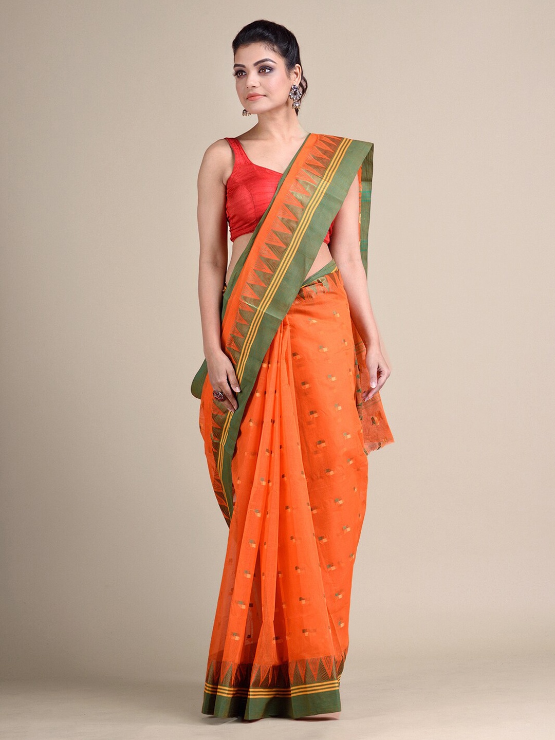 

Mitera Orange Pure Cotton Printed Taant Saree