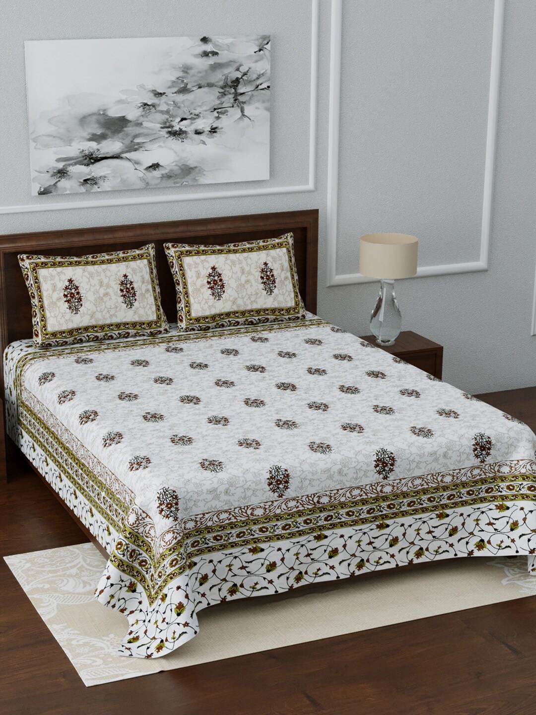 

LIVING ROOTS White & Brown Ethnic Motifs Jaipuri 210TC Double Bed Size King Bedsheets With 2 Pillow Covers