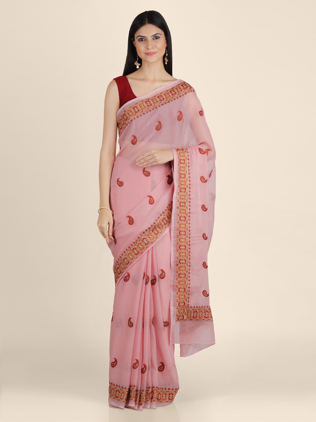 

KAJREE Pink & Red Pure Georgette Embroidered Handloom Baluchari Saree