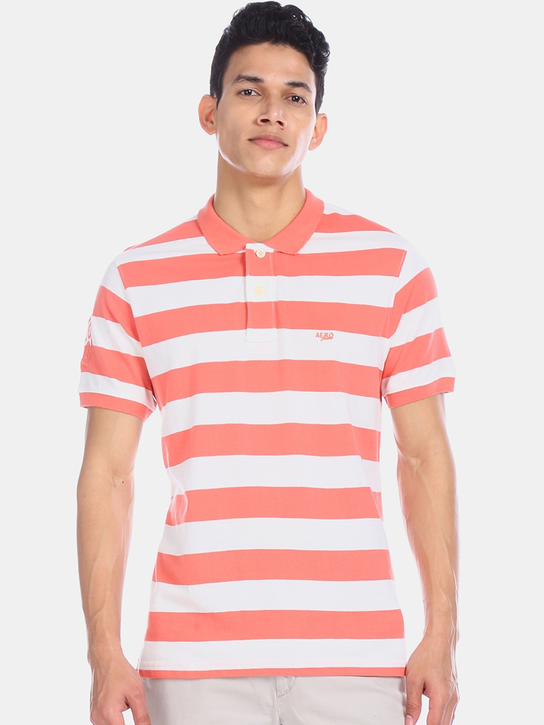 

Aeropostale Men Orange Striped Polo Collar Pure Cotton T-shirt