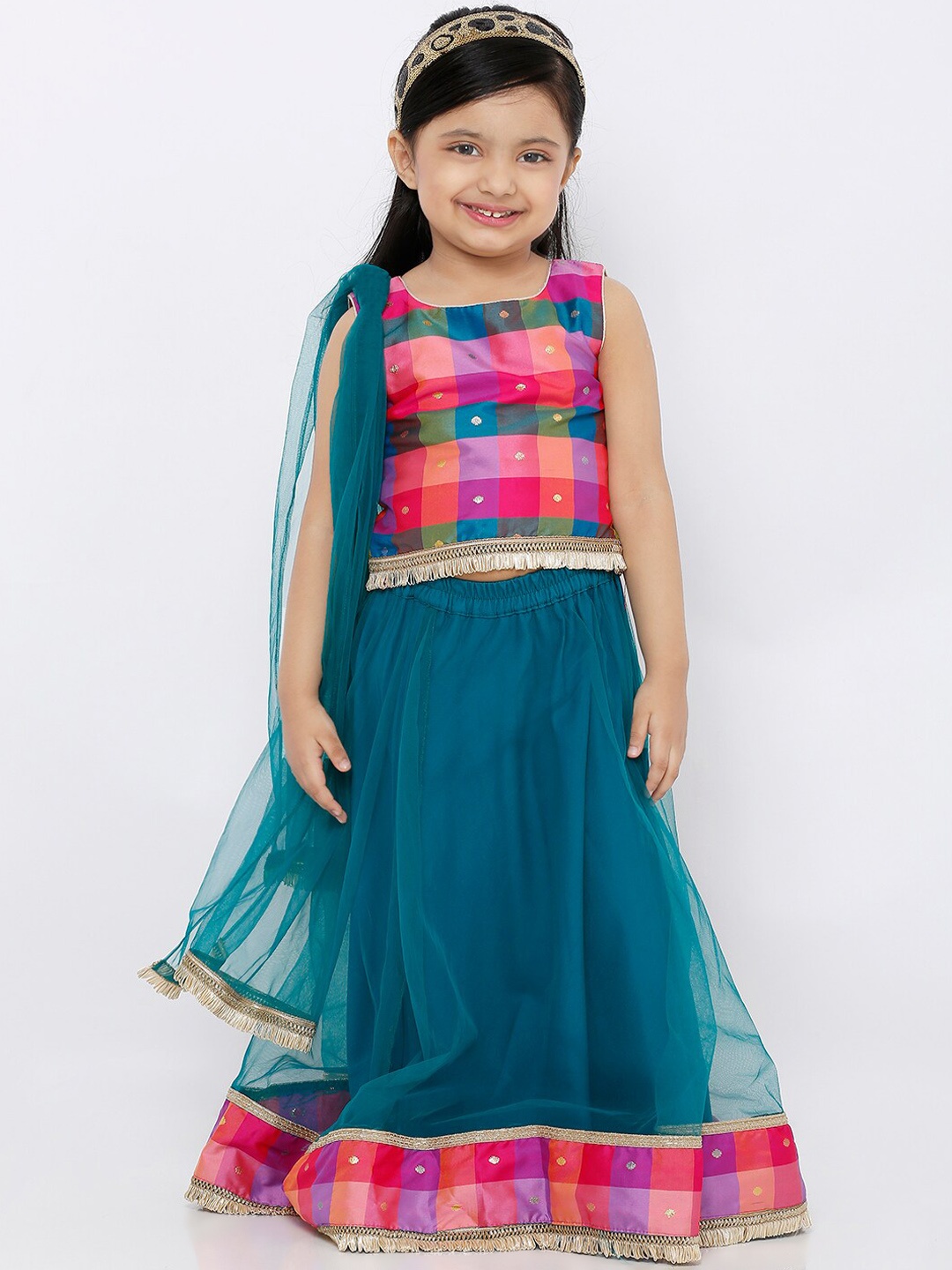 

SALWAR STUDIO Girls Teal Blue & Pink Woven Design Net Readymade Lehenga choli
