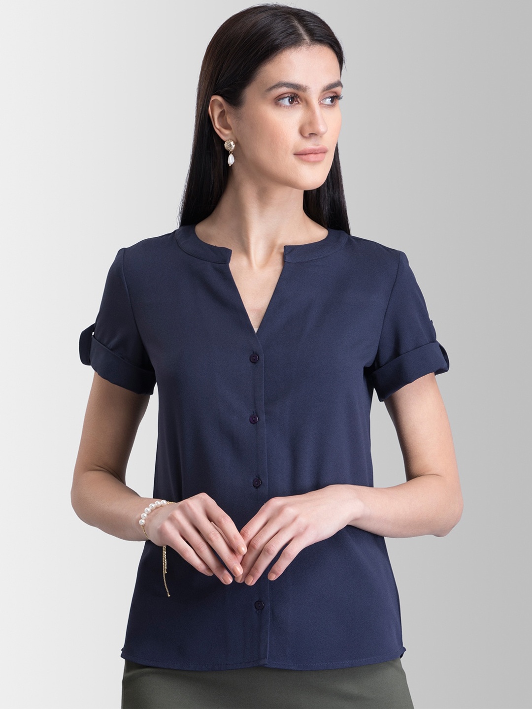 

FableStreet Women Navy Blue Solid Shirt Style Top