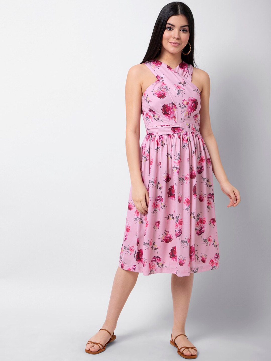 

FabAlley Women Pink Floral Printed Fit and Flare Dress