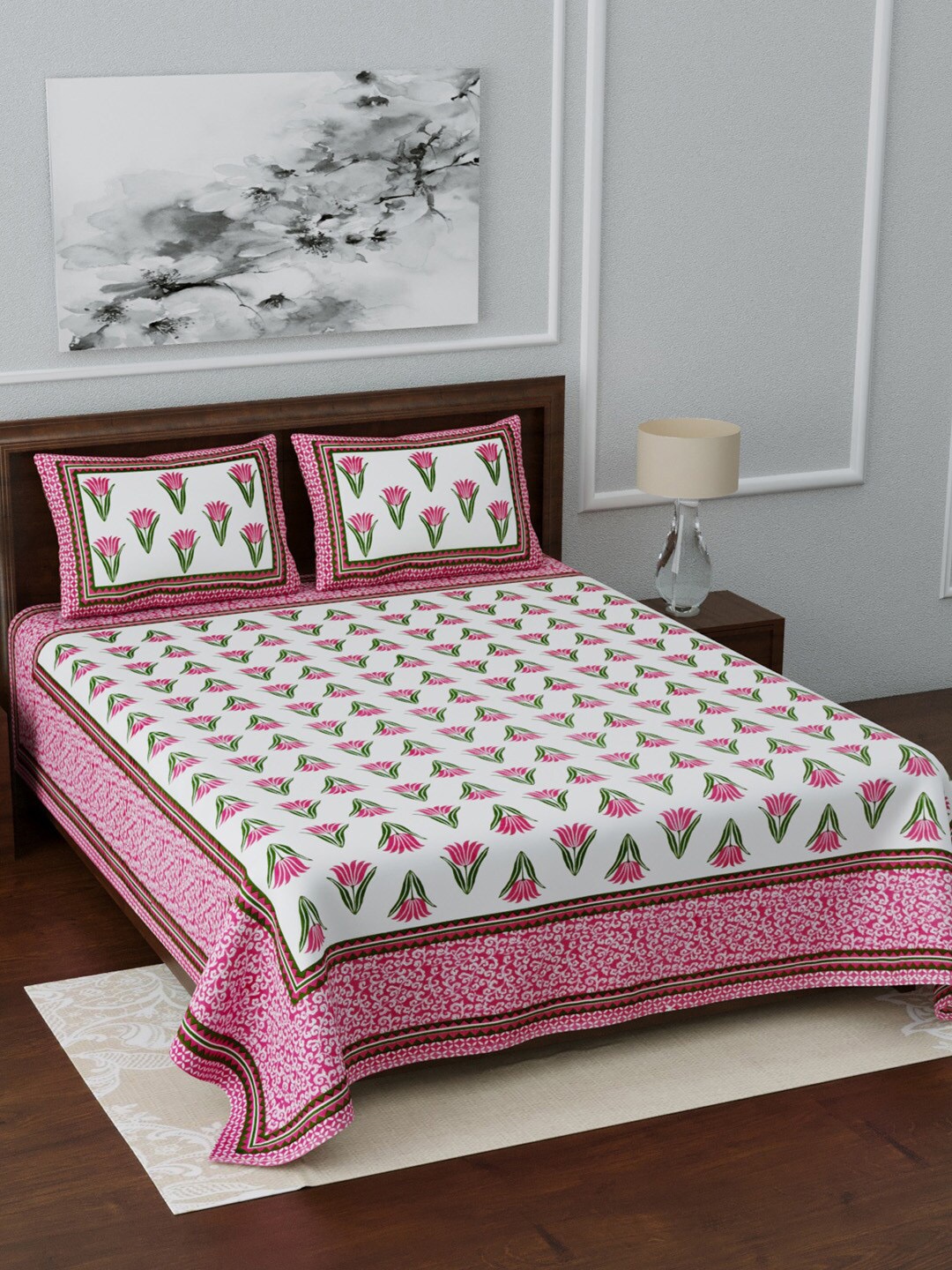 

LIVING ROOTS White & Pink Printed 210 TC King Bedsheet With 2 Pillow Covers