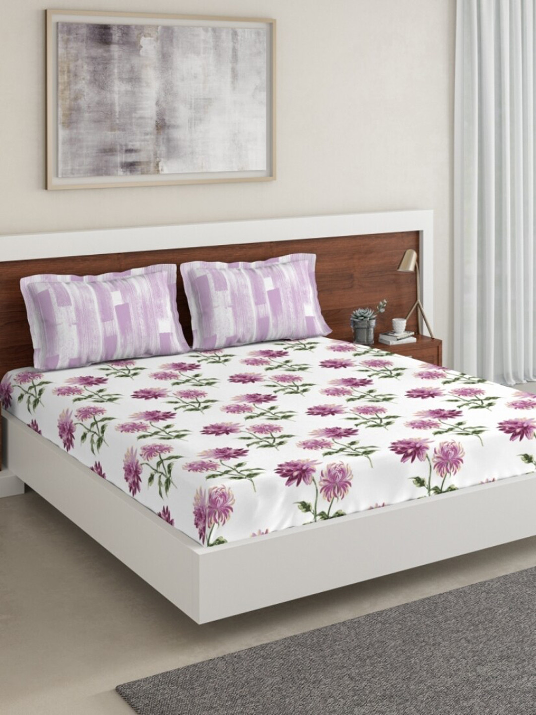 

DDecor White & Purple Printed 144 TC Cotton 1 King Bedsheet with 2 Pillow Covers