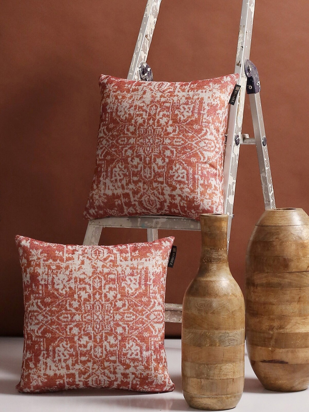 

ROMEE Set Of 2 Orange & Beige Printed Square Cushion Covers