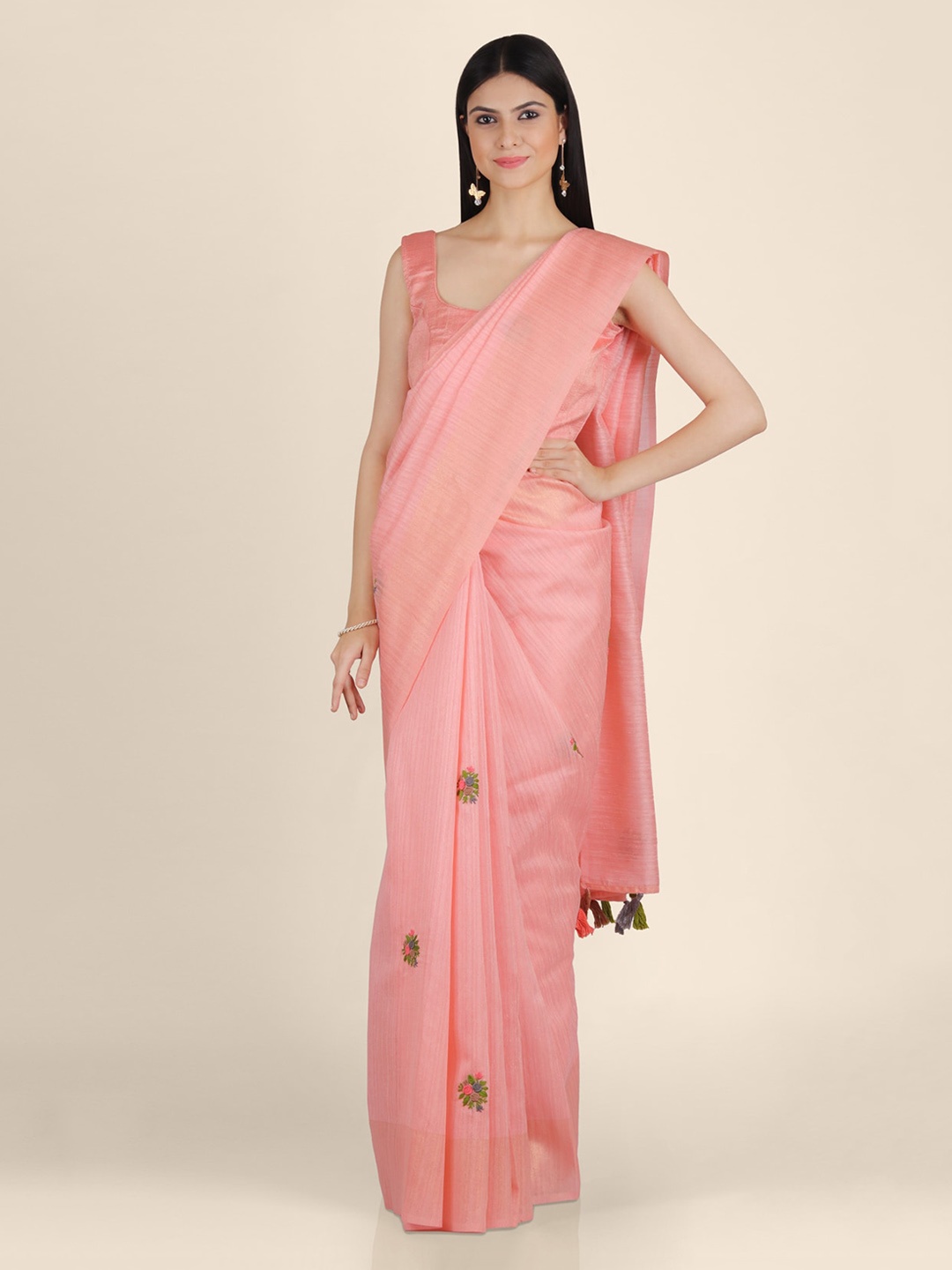 

KAJREE Pink & Green Pure Linen Embroidered Bhagalpuri Saree