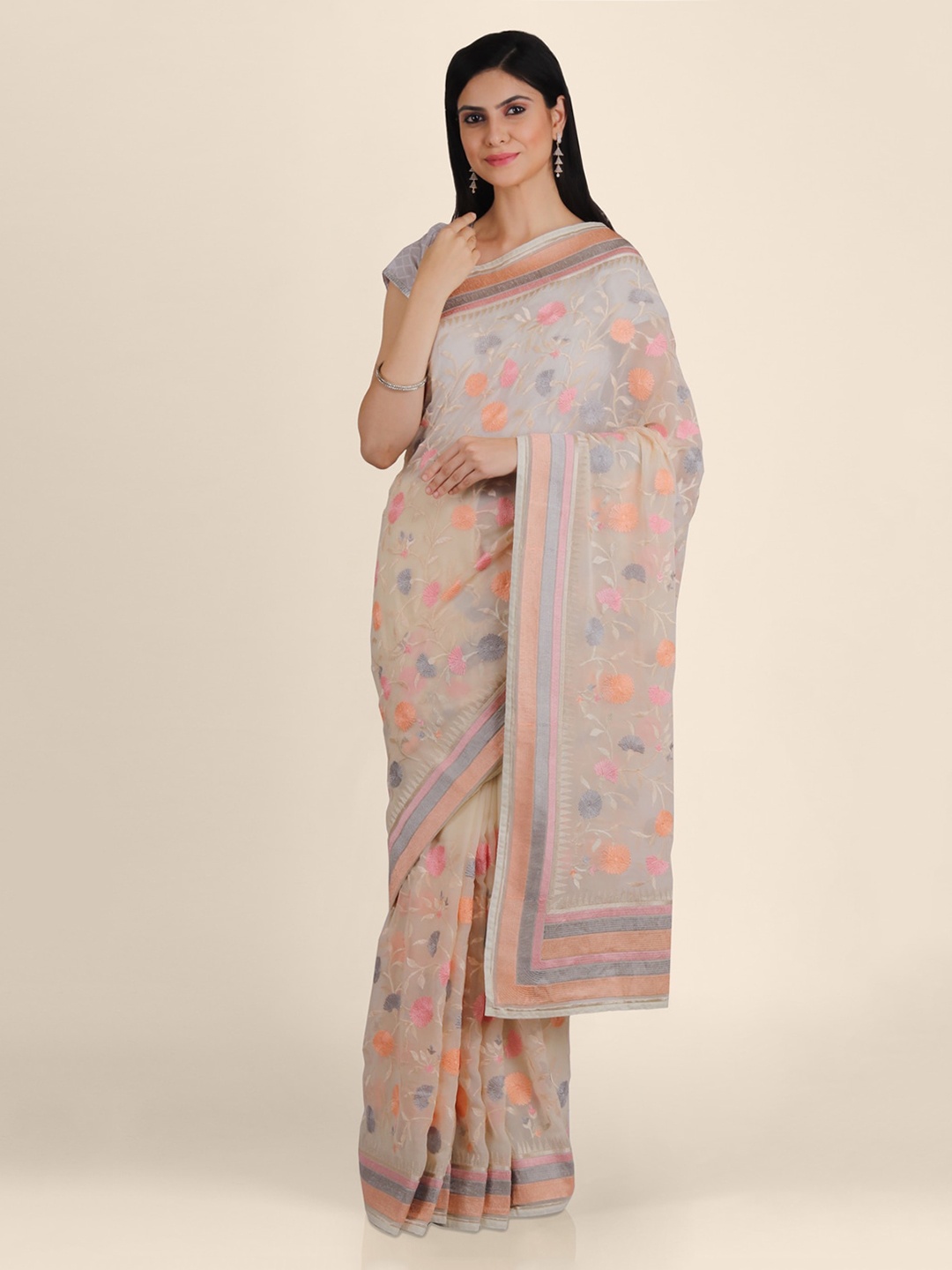 

KAJREE Off-White Pure Georgette Embroidered Mysore Silk Saree