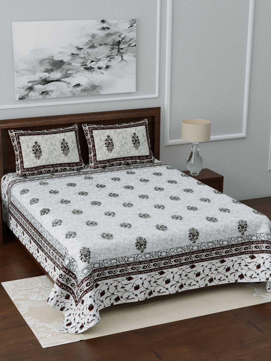 

LIVING ROOTS White & Grey Printed 210 TC King Bedsheet With 2 Pillow Covers