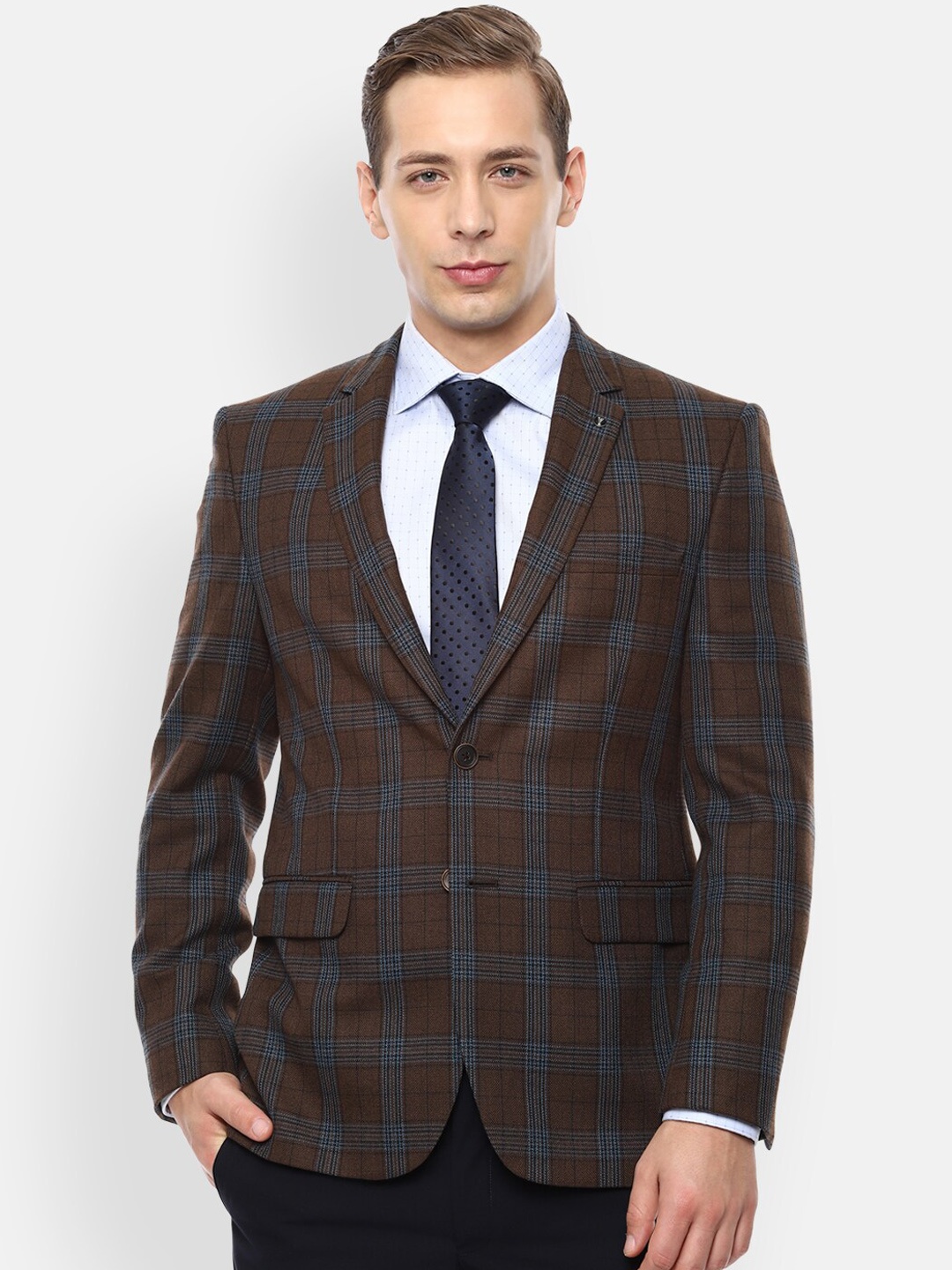 

Van Heusen Men Brown & Blue Checked Slim-Fit Single-Breasted Formal Blazer
