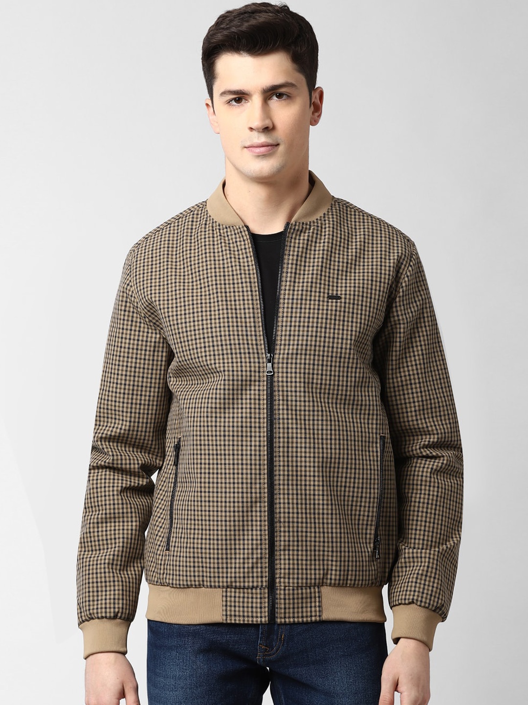 

Peter England Casuals Men Beige Checked Bomber Jacket