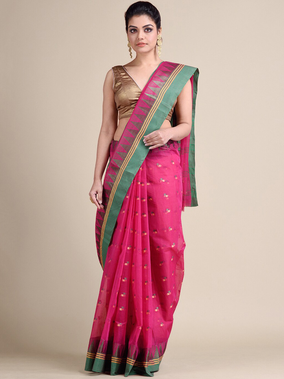 

Mitera Pink & Green Pure Cotton Woven Design Taant Hand Woven Saree