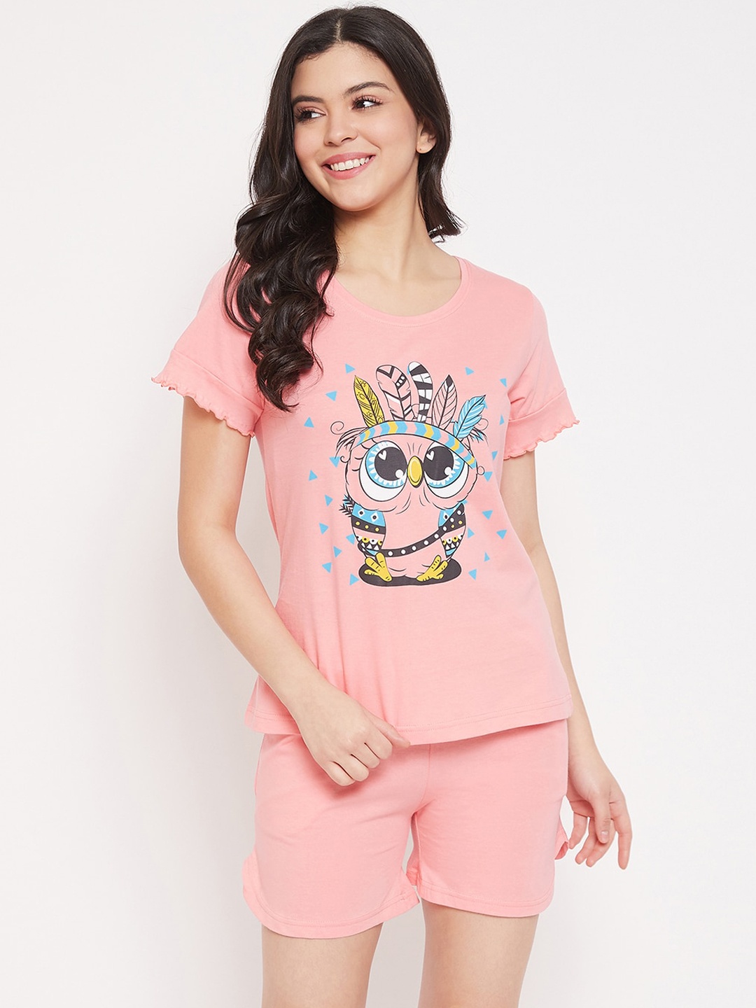

Clovia Women Pink & Blue Graphic Printed Night Suit