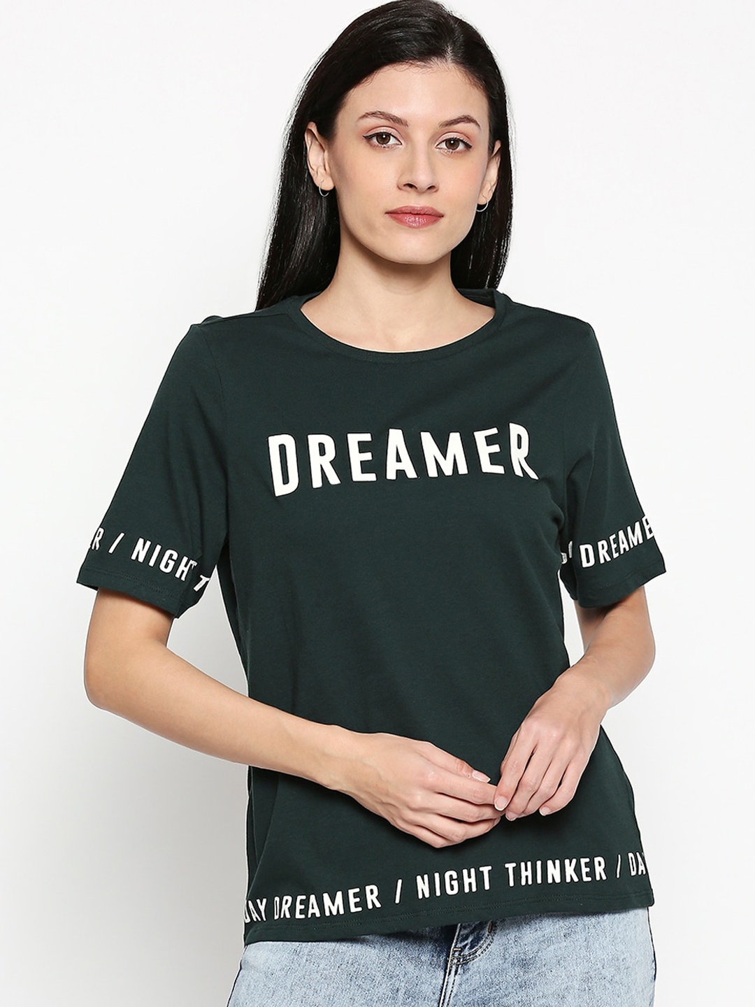 

People Women Green Printed Round Neck T-shirt