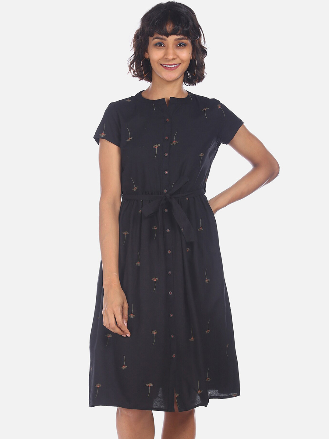 

Karigari Women Black Printed Shirt Dress